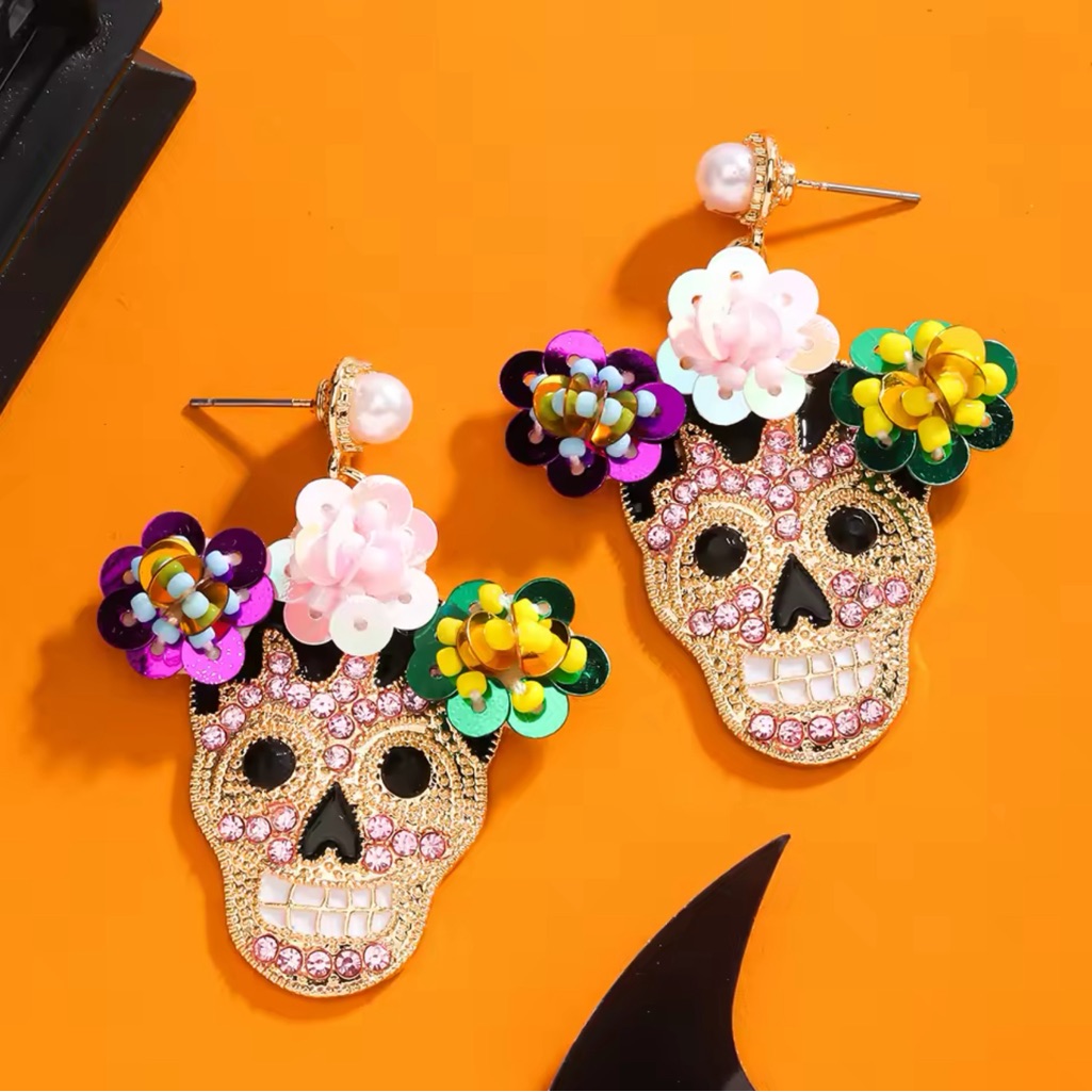 Day Of The Dead Creative Crystal Flower Skull Earrings